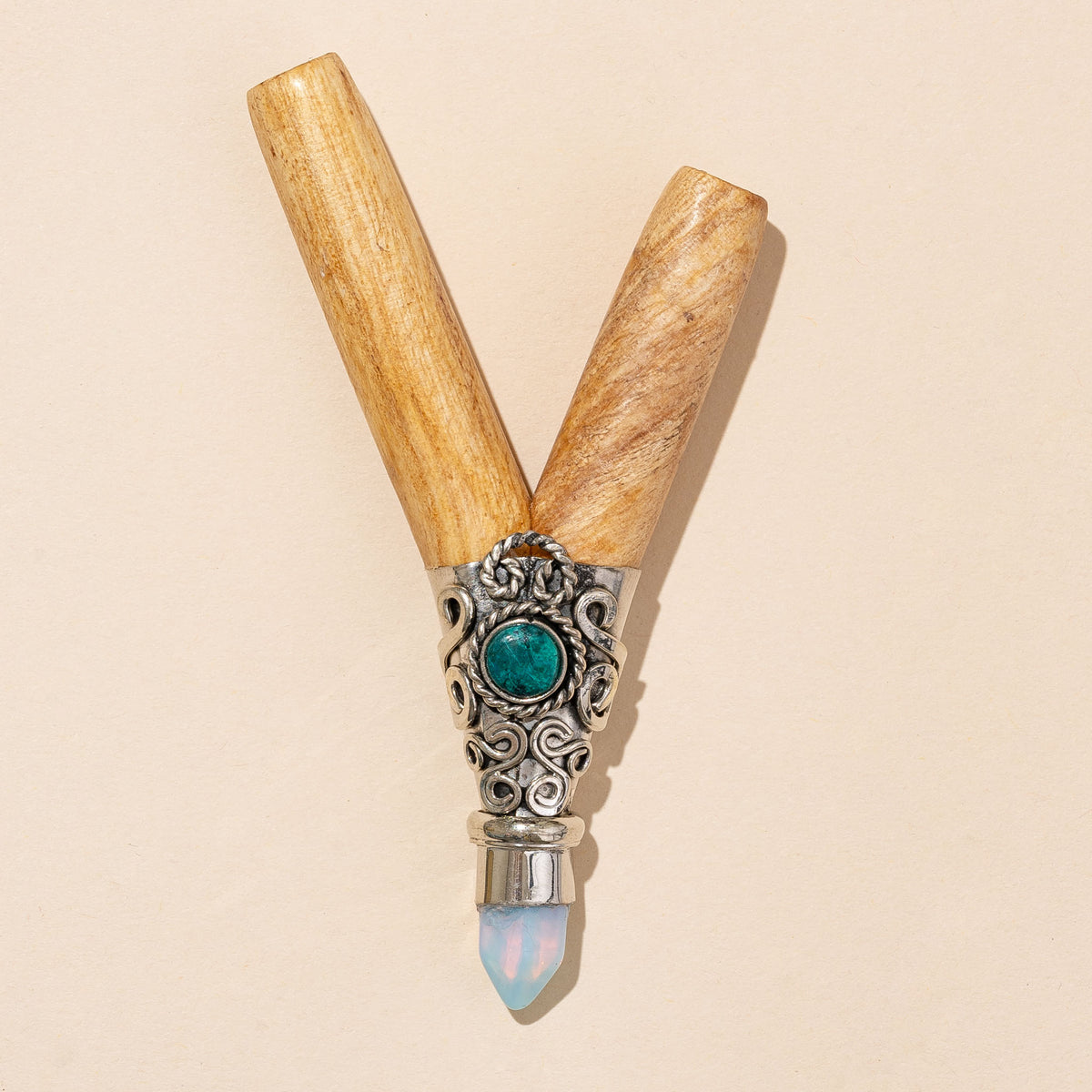 Handmade Shipibo Palo Santo Kuripe with Silver and Crystal