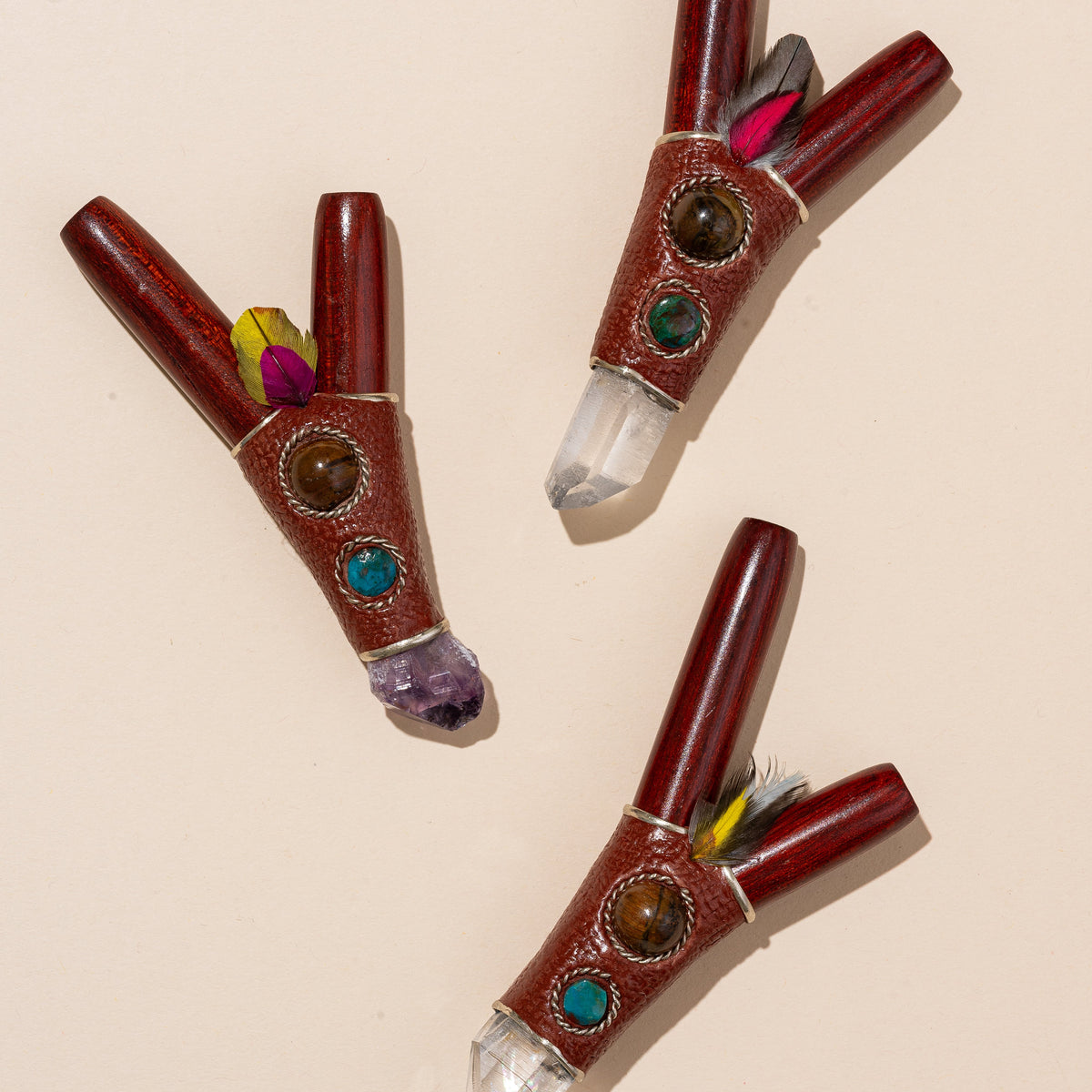 Handmade Shipibo Rosewood Kuripe with Leather, Crystal Tip