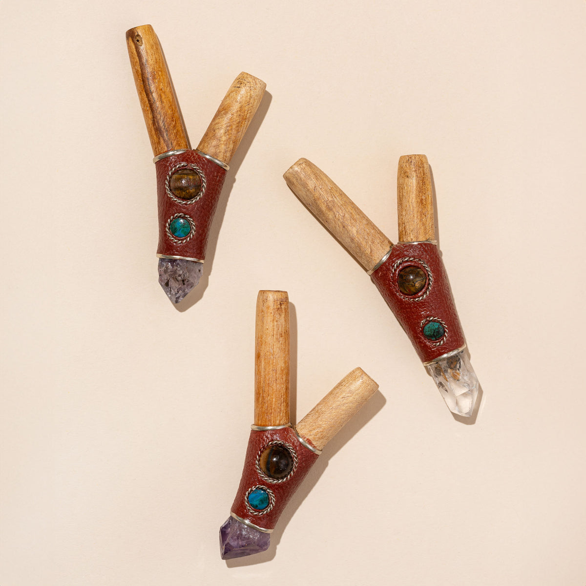 Handmade Shipibo Palo Santo Kuripe with Beads and Crystal