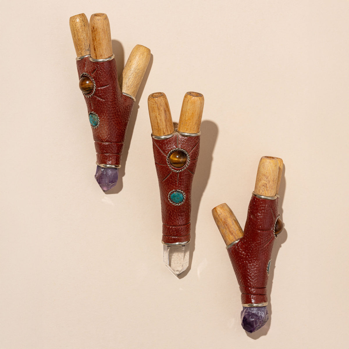 Handmade Shipibo Double Nostril Palo Santo Kuripe with Crystal