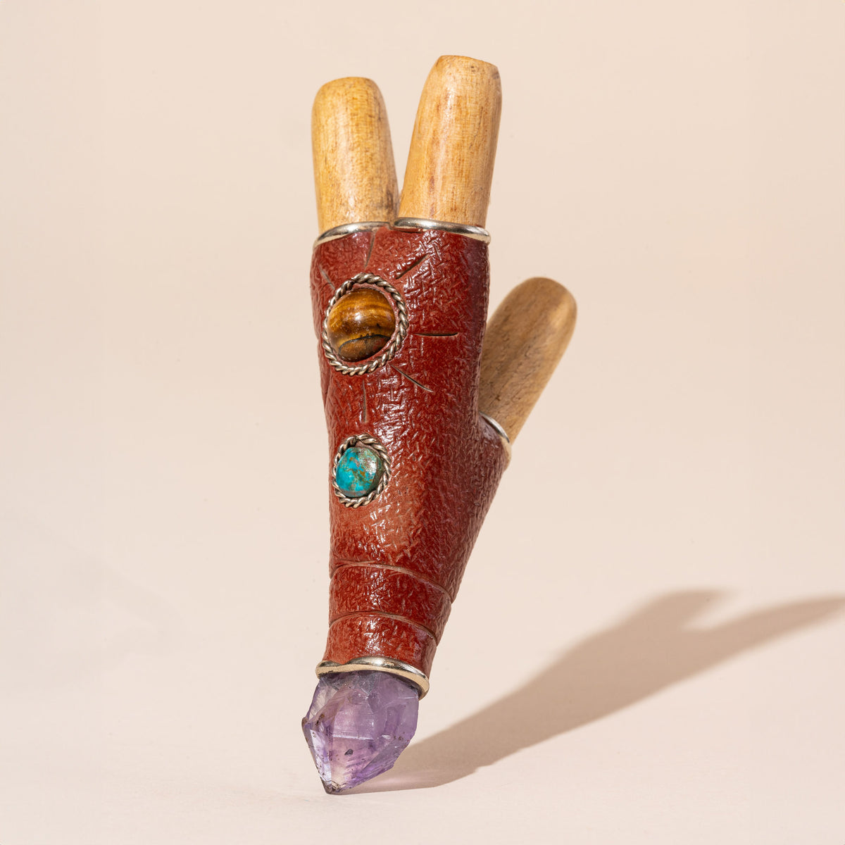 Handmade Shipibo Double Nostril Palo Santo Kuripe with Crystal