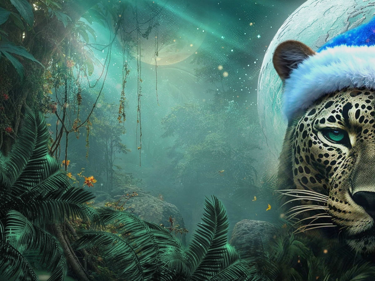 Mystical tiger in a festive New Year's blue hat in jungles