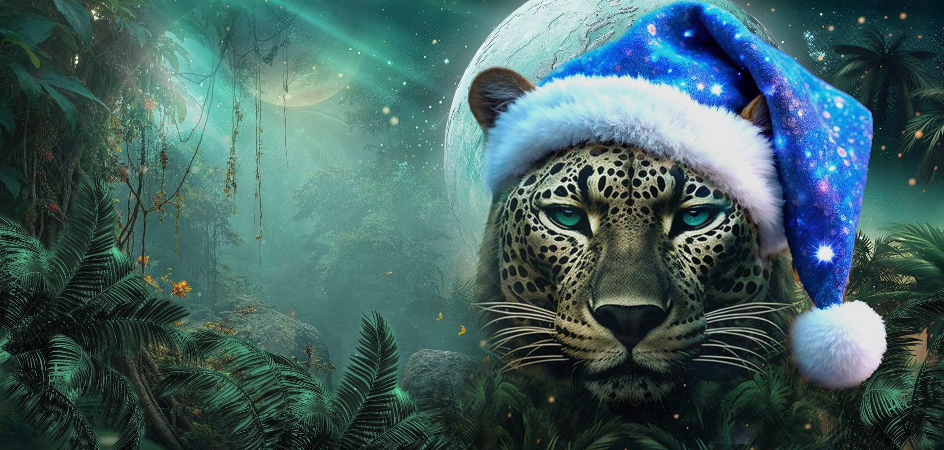 Mystical tiger in a festive New Year's blue hat in jungles