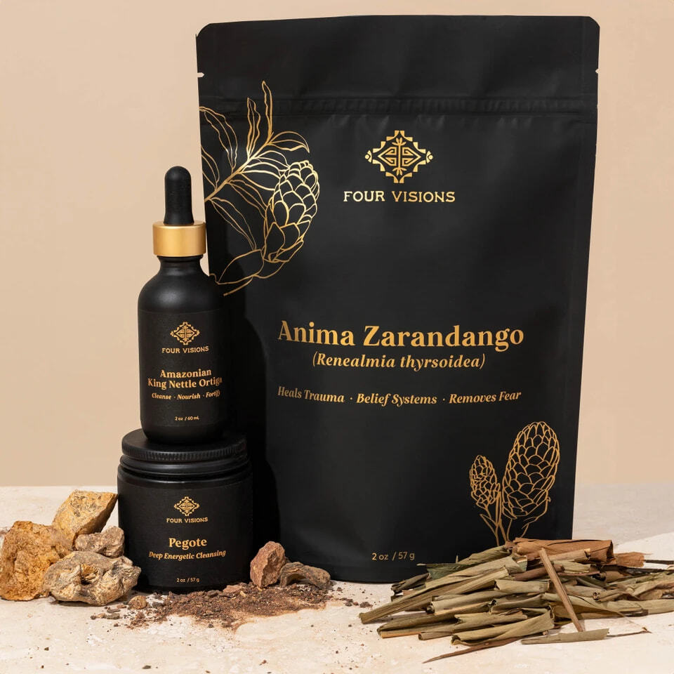 A product grouping of Four Visions Anima Zarandango pouch, Amazonian King Nettle tincture, and Pegote jar with raw herbs.