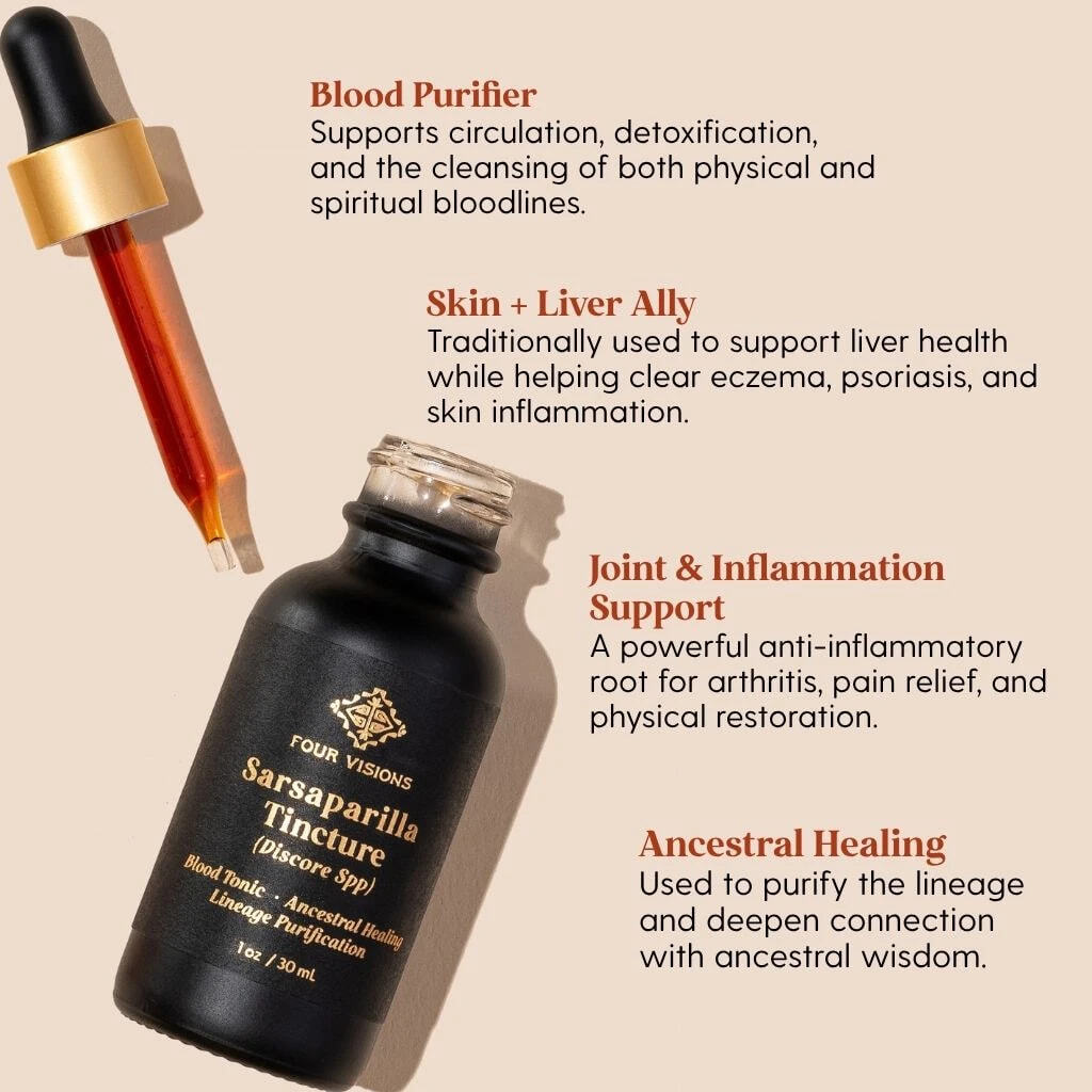 Infographic of Four Visions Sarsaparilla Tincture detailing benefits for blood, skin, liver, and ancestral healing.